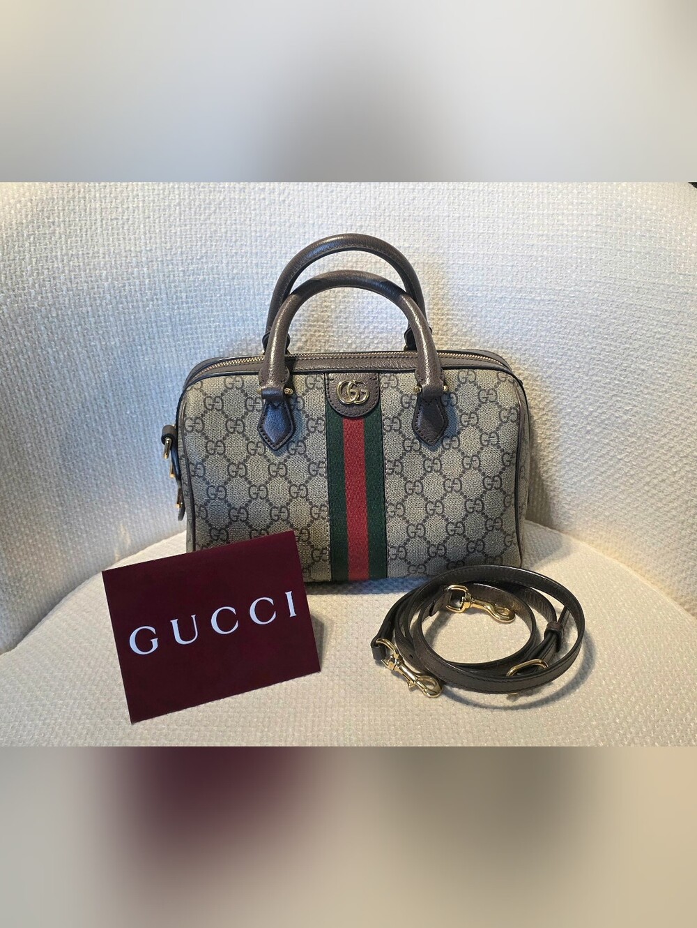 Gucci Beige GG Supreme Satchel with Green and Red Web Stripe